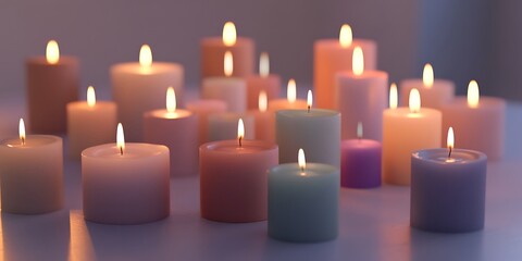 A group of candles in varying colors and sizes arranged on a smooth surface with soft flickering flames
