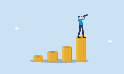Businessman leader on growth money stack using telescope or spyglass looking forward for bright future. interest rate rising up or economic forecast concept, investment growth.