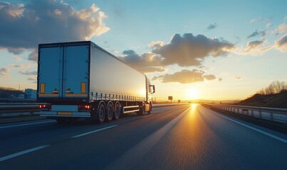 Obraz premium Truck driving on highway at sunset delivering goods