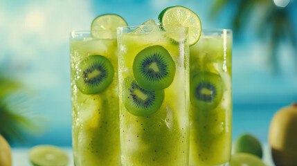 Refreshing green smoothies in tall glasses with kiwi and lime slices, perfect for tropical vibe. Enjoy vibrant colors and flavors of this delicious drink