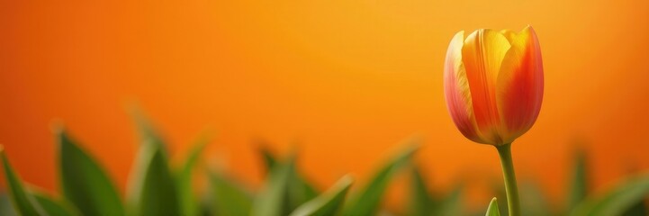 A single orange tulip on an orange and green leafy background, natural, spring