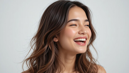Naklejka premium Happy young woman smiling and laughing, isolated background