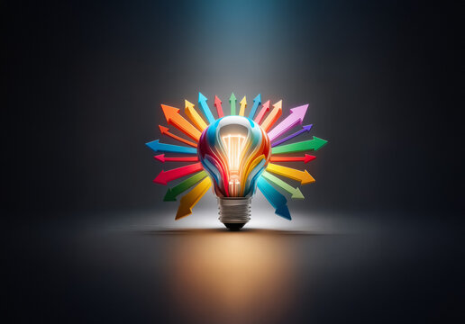 A vibrant lightbulb emits radiant arrows in various colors, representing bright ideas spreading in multiple directions, symbolizing innovation and creative solutions.