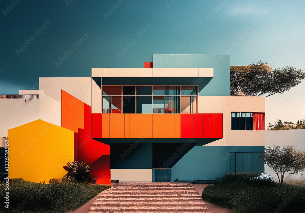 Poster A vibrant modern building showcases bold geometric shapes and a striking color palette under a clear sky. Greenery adds natural contrast to the architectural design.