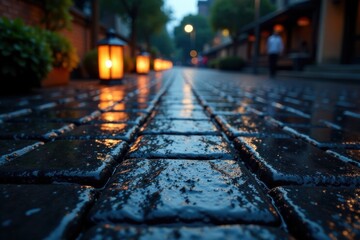 Evening Ambiance Wet Cobblestone Street Glimmering with Soft Lantern Light Reflecting on Dark, Smooth Stones After a Gentle Rain