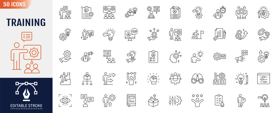 Training line editable icon set. Containing icons: learning, development, workshop, coach, mentor and more. Vector illustration.