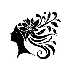 Minimalist Black Silhouette Logo for Beauty Parlor - Woman’s Profile with Flowing Hair and Blooming Flower
