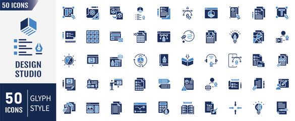 Design studio flat icon set. Containing as sketch, concept, illustration, prototype, blueprint, draft, render, graphic, texture, gradient and more. Vector illustration