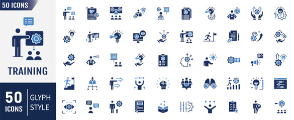 Training flat icon set. Containing as learning, development, workshop, coach, mentor and more. Vector illustration.