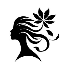 Minimalist Black Silhouette Logo for Beauty Parlor - Woman’s Profile with Flowing Hair and Blooming Flower