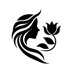 Minimalist Black Silhouette Logo for Beauty Parlor - Woman’s Profile with Flowing Hair and Blooming Flower