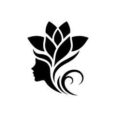 Minimalist Black Silhouette Logo for Beauty Parlor - Woman’s Profile with Flowing Hair and Blooming Flower
