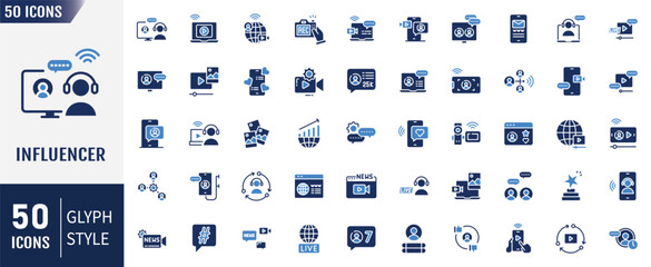 Influencer flat icons set. Containing as blogger, creator, audience and more. Vector illustration