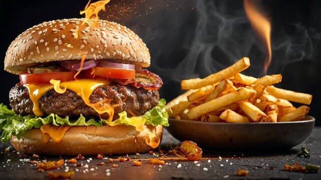 Video footage of juicy cheeseburger with lettuce, tomato, onion, bacon, and melted cheese on a sesame seed bun, paired with a bowl of crispy French fries against a dramatic flame background.