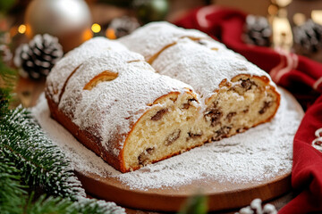 Deliciously baked stollen with powdered sugar, perfect for festive celebrations during the holiday...