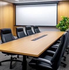 Fototapeta premium A modern conference room features a large projection screen, a light wood table, and comfortable black leather chairs. The neutral color palette and