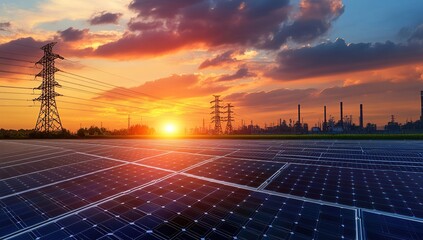Solar Panels Powering a Sustainable Future: Clean Energy at Sunset with Transmission Towers and Industrial Plants
