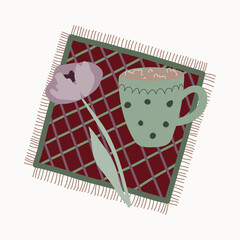 Cup of fresh coffee, tea on handmade napkin. Design for logo, icon, banner, poster, postcard, cafe, restaurant. Flat hand drawn vector illustration