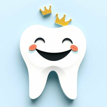 A happy, crowned tooth with rosy cheeks and a cheerful smile against a light blue background, symbolizing healthy dental care for kids