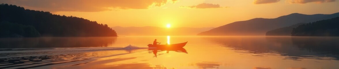 Gentle boat glides across lake at golden hour, bay, serene, reflection