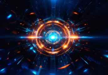 Fototapeta premium A vibrant abstract design featuring a central glowing orb emitting radiant blue and orange light. Circular patterns and tunnel perspective create a futuristic and dynamic visual.