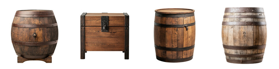 Fototapeta premium A collection of vintage wooden barrels casks and kegs in various sizes and states of wear often used for storing and aging whiskey beer wine and other alcoholic beverages
