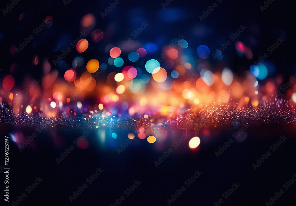 Poster Blurred colorful lights create a mesmerizing bokeh effect against a dark backdrop. The vibrant hues blend and scatter, evoking a sense of festive celebration and abstract beauty.