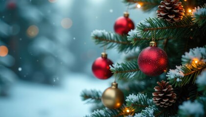 Fototapeta premium Glittering Christmas tree branches with ornaments, glittering branches, pinecones, winter scenery