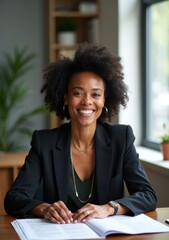 Smiling professional woman working at desk in a bright office space