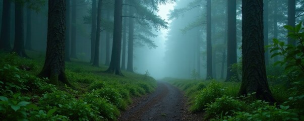 Obraz premium Misty forest trail with foggy atmosphere and raindrops, wilderness, trees