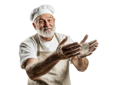  Polish baker in white apron dusting flour off hands isolated on transparent white background