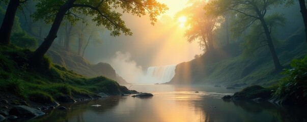 Misty morning in Kanha with gentle sunlight filtering, filtering, waterfall, misty