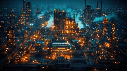 Fototapeta premium Night refinery aerial, urban pollution, industry
