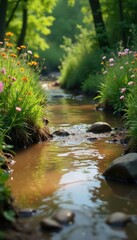 Muddy water flows gently through overgrown vegetation, mud, wildflowers
