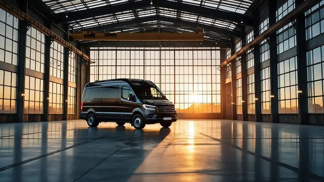 Black Commercial Van Parked Inside Industrial Warehouse with Large Windows and Sunlight Streaming In
