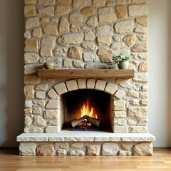 Natural beige stone wall complementing a wood-burning fireplace, natural, woodburner, rustic