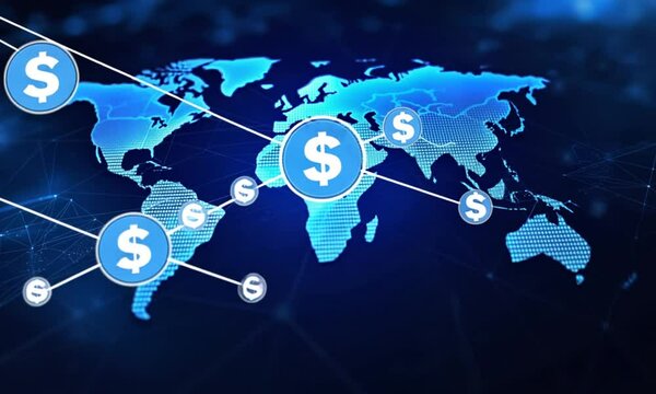 Global finance network money transfer, world map background, digital currency
