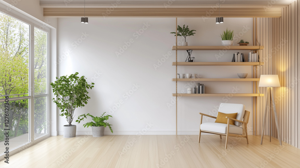 Poster 3d rendering of a minimalist scandinavian-style living room interior with a white blank canvas on th