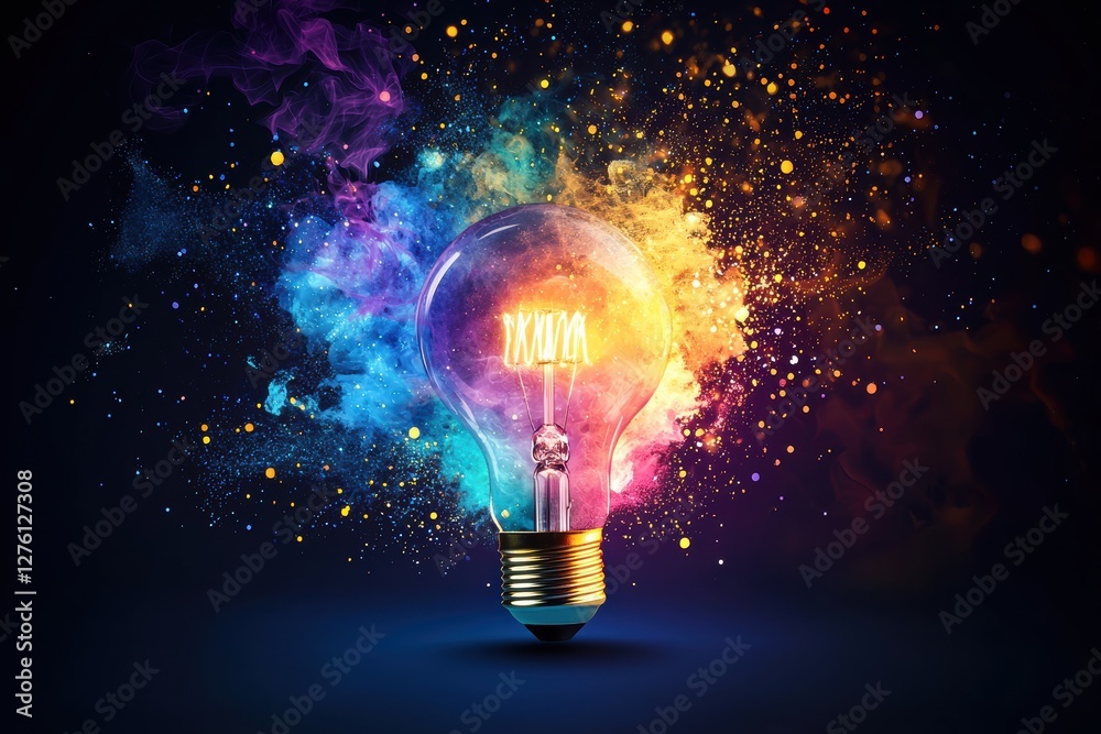 Poster bright light bulb exploding with colorful smoke and glitter: innovation and creativity