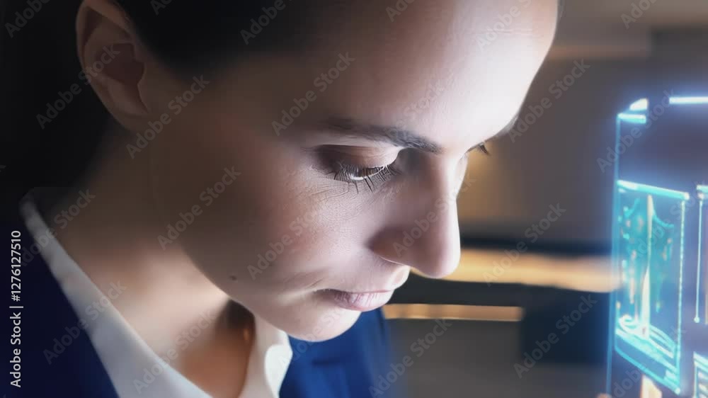 Poster businesswoman interacting with a futuristic holographic interface, navigating through data and archi