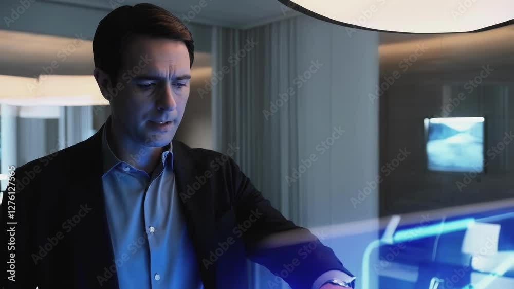 Poster Businessman interacts with a futuristic holographic interface, manipulating data and information with precise hand gestures in a sleek, modern office environment