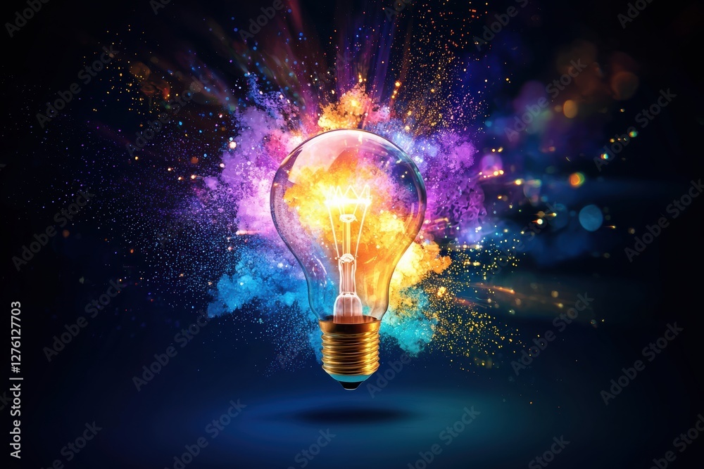 Poster Bright idea exploding with colorful smoke and sparks