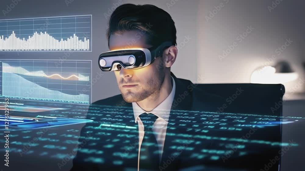 Poster professional businessman wearing augmented reality glasses interacting with holographic data charts 