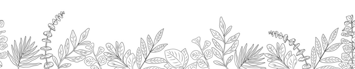 Obraz premium Seamless horizontal pattern, border with eucalyptus leaves line art drawing. Banner, botanical overlay backdrop. Black monochrome ink sketch hand drawn vector illustration isolated