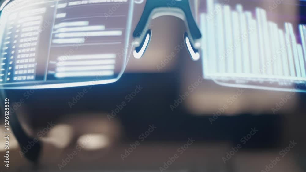 Aufkleber Augmented reality glasses display interactive holographic business charts and data, visualizing futuristic technology in a modern office setting