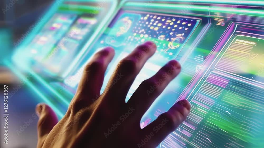 Fototapete Researcher manipulating advanced holographic interface, revealing intricate data visualization through precise hand interactions within cutting edge scientific laboratory environment