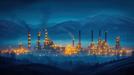 Fototapeta premium Night Refinery, Mountain Landscape, Industrial Production