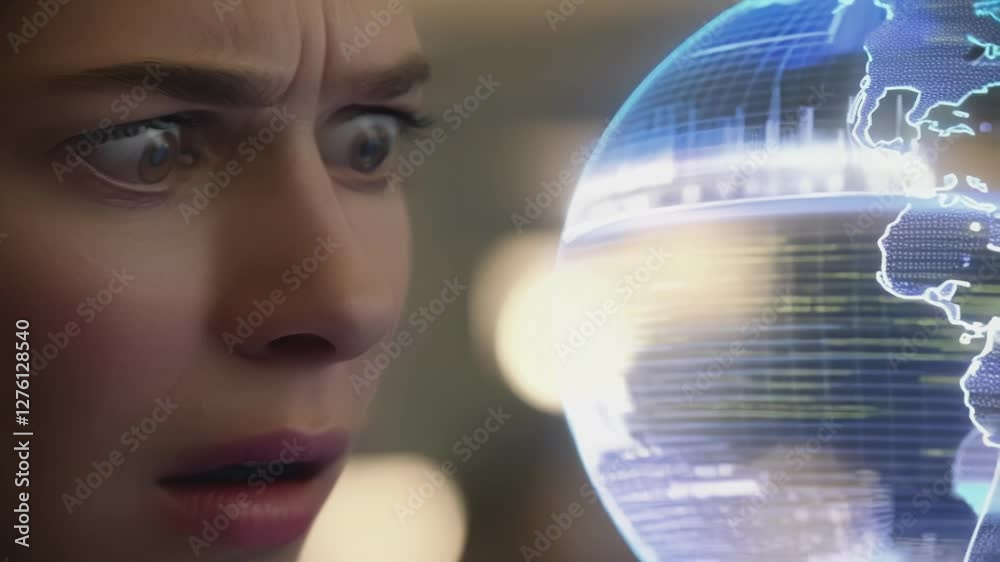 Poster businesswoman expressing surprise while examining interactive holographic projection showcasing glob