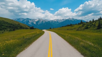 Fototapeta premium An eye level shot of a country road in the mountains. Road has a yellow dividing line and stretches ahead to the far mountain range. The sky is blue