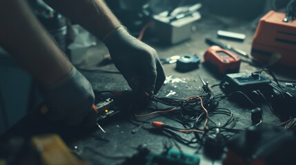 Damaged cables being repaired by a technician in a tech studio. Featuring focused expertise and repair skills